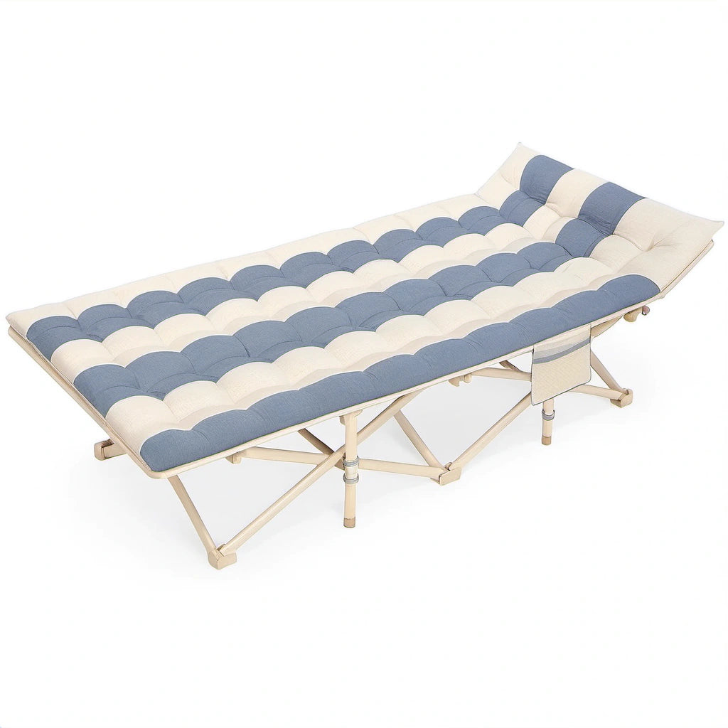 Klappbares Feldbett mit Baumwolloberfläche und Aluminiumrahmen Blau/Beige
