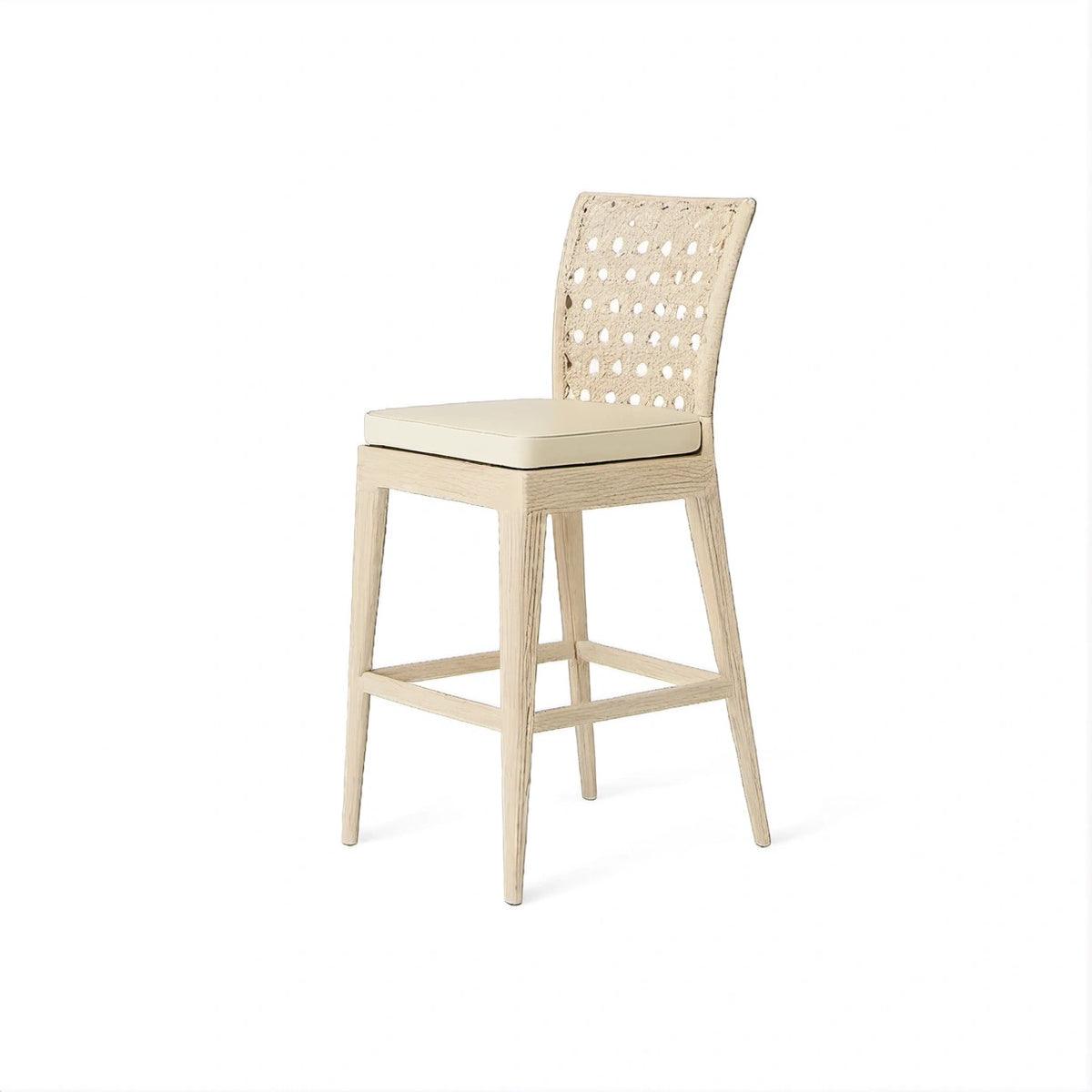 Barhocker aus Holz mit Stoffpolster und Naturfaser-Geflecht