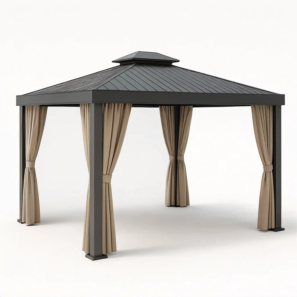 Metall Gartenpavillon 4x3m mit Polycarbonat Dach und Polyester Vorhängen
