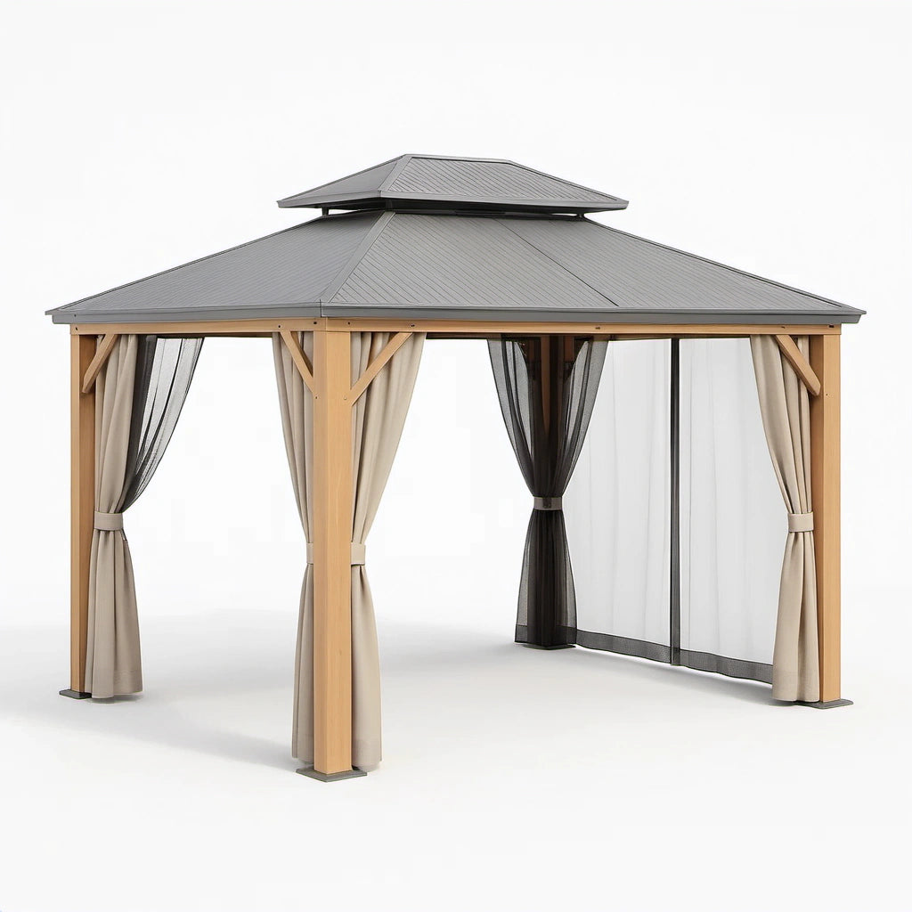 Pavillon aus Aluminium mit Stahldach und Polyester-Vorhängen 3x3m
