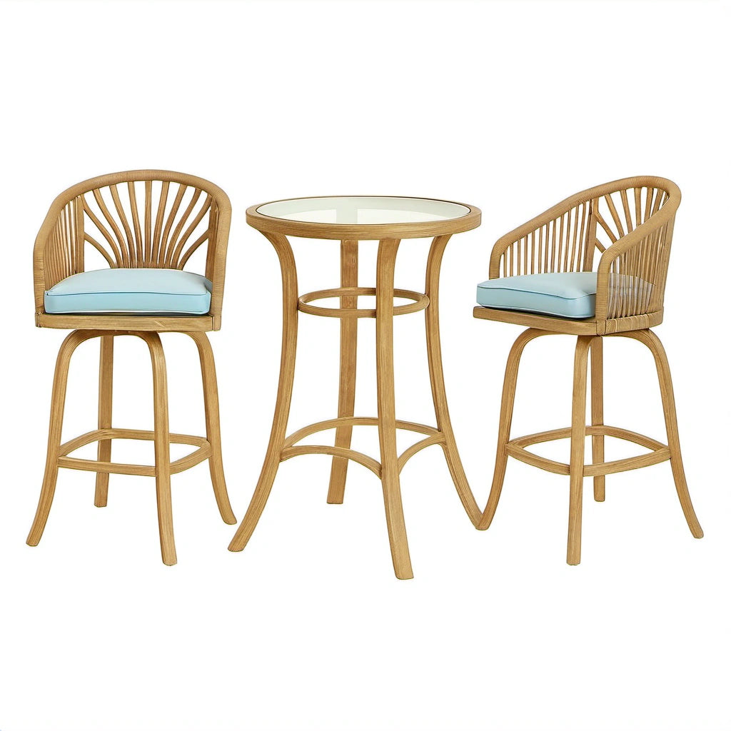 3-teiliges Bar-Set aus Eichenholz mit Glasplatte und blauen Kissen