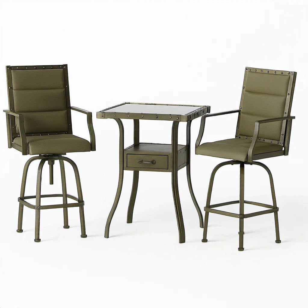 Metall-Bistro-Set mit 2 Barhockern und Tisch mit gehärtetem Glas Khaki