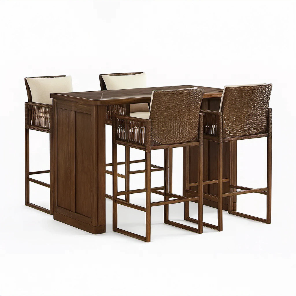 Esstisch-Set aus Holz und Rattan mit 4 Barhockern, Braun