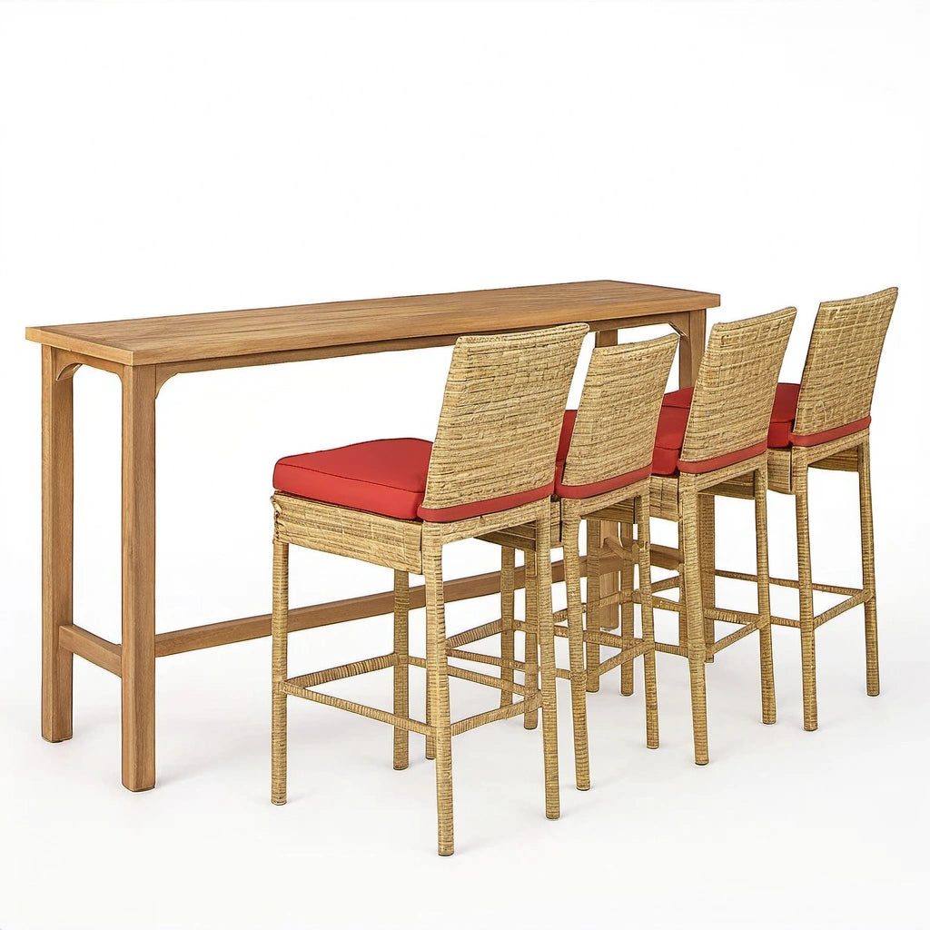 Hochtisch-Set aus Teakholz und Rattan mit roten Kissen