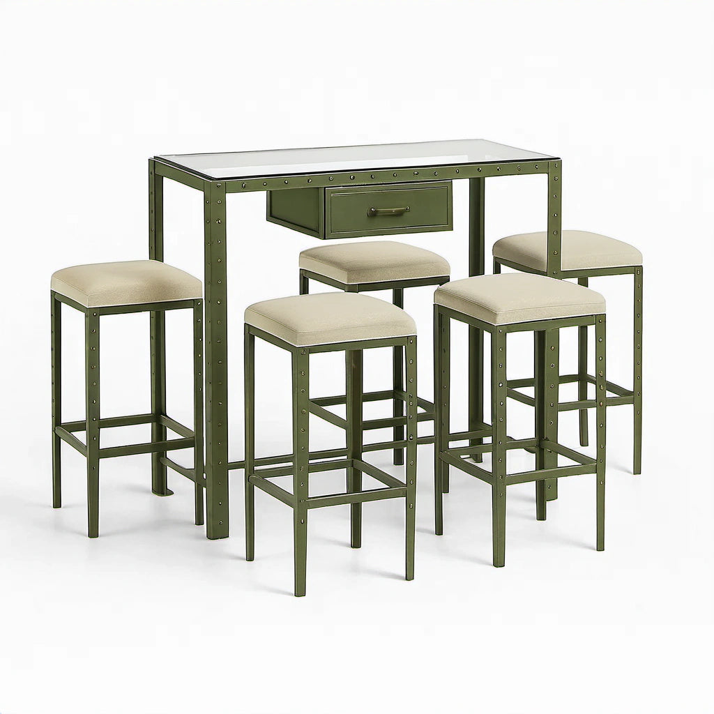 Bartisch-Set mit Metallrahmen, gehärtetem Glas und Leinen, Grün Beige