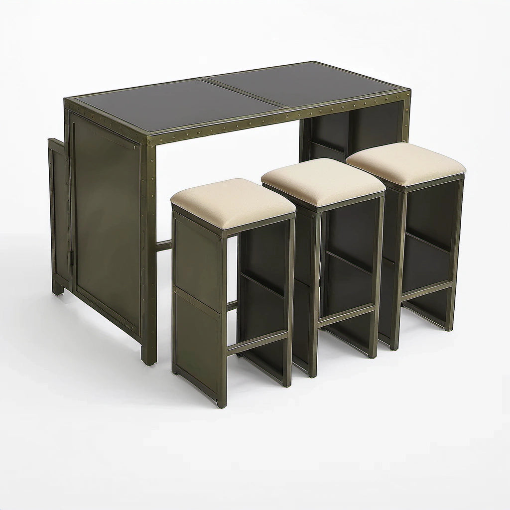 Metall-Esstisch-Set mit 3 Klapphockern Schwarz/Beige