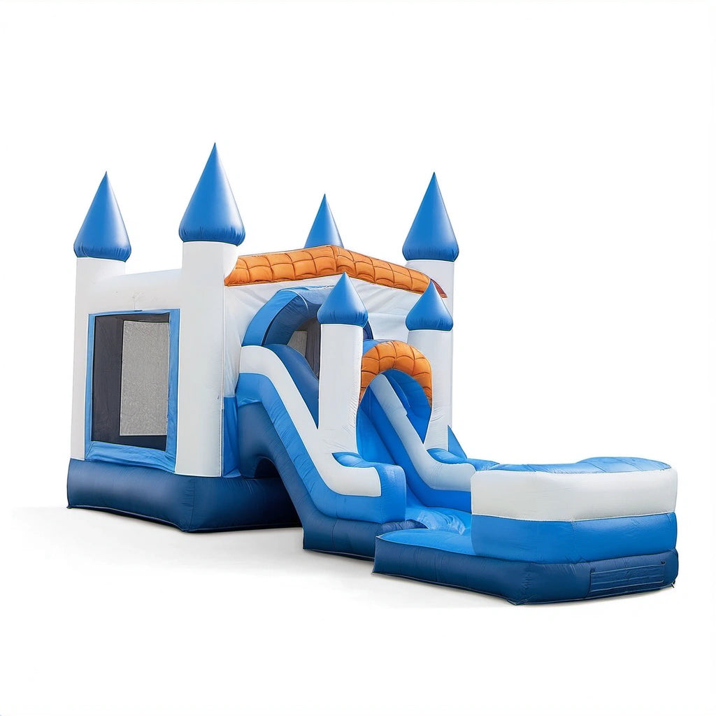 Aufblasbare Hüpfburg mit Rutsche und Pool aus PVC, Blau/Orange, 5.5m x 2.5m x 3m
