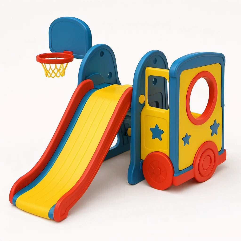 Spielrutsche mit Basketballkorb aus Kunststoff Blau/Rot/Gelb